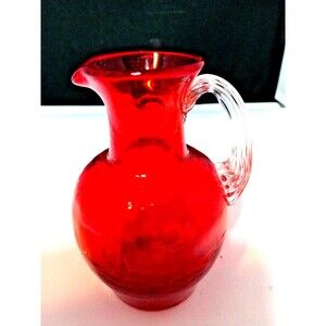 Red & Clear Crackle Art Glass Mini Pitcher Vase Pour Spout Vintage